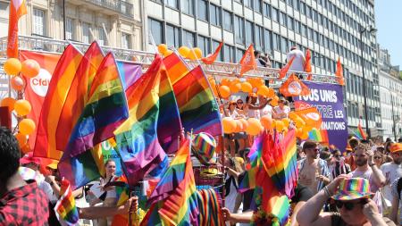 Pride parade in France with people and rainbow LGBTQ pride flags
